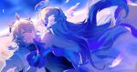  1boy 1girl above_clouds bare_shoulders brother_and_sister clouds detached_sleeves dress falling feathered_wings feathers hair_bun halo hapyunbday head_wings highres honkai:_star_rail honkai_(series) long_hair medium_hair parted_lips purple_hair purple_sleeves reaching reaching_towards_another robin_(honkai:_star_rail) siblings sky spiked_halo sunday_(honkai:_star_rail) surprised vest white_dress white_hair white_vest wings yellow_eyes 