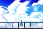  1girl aoi_thomas blue_sky chain-link_fence clouds cloudy_sky commentary day dissolving dress english facing_away fence ghost highres hood hood_down hooded_dress original outdoors short_hair short_sleeves silver_hair sky solo standing transparent white_dress wide_shot 