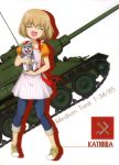  1girl absurdres animal apron blonde_hair blue_pants character_name closed_eyes collarbone dog eyebrows_visible_through_hair fang full_body girls_und_panzer ground_vehicle hair_between_eyes highres holding holding_animal katyusha military military_vehicle motor_vehicle open_mouth orange_shirt pants shirt shoes short_hair short_sleeves smile sneakers solo standing striped t-34 tank vertical-striped_apron vertical_stripes white_apron white_background yellow_footwear 