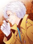  1boy aihara_kaya bangs blue_neckwear brown_coat coat from_side gloves grin looking_at_viewer necktie noah&#039;s_notes noah_minami_umberbach orange_eyes removing_eyewear smile smirk solo sunglasses teeth upper_body white_gloves white_hair 