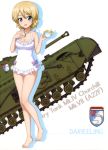  1girl :d absurdres bangs barefoot blonde_hair blue_eyes bow breasts casual_one-piece_swimsuit character_name churchill_(tank) cleavage collarbone cup darjeeling eyebrows_visible_through_hair flower frilled_swimsuit frills girls_und_panzer ground_vehicle hair_between_eyes highres holding jewelry long_hair medium_breasts military military_vehicle motor_vehicle necklace one-piece_swimsuit open_mouth purple_bow short_hair smile solo swept_bangs swimsuit tank teacup tied_hair white_background white_flower white_swimsuit 