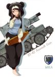  1girl ;) absurdres animal_costume animal_hood bangs brown_eyes brown_hair bt-42 character_name full_body girls_und_panzer ground_vehicle hair_between_eyes highres holding holding_instrument hood instrument long_hair looking_at_viewer mika_(girls_und_panzer) military military_vehicle motor_vehicle one_eye_closed smile solo standing tank white_background 