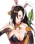  1girl animal_ears black_hair breast_press breasts brown_eyes brown_gloves bunnysuit carrot cleavage collarbone criss-cross_halter fire_emblem fire_emblem_heroes fire_emblem_if flower food gloves hair_flower hair_ornament hair_over_one_eye halterneck holding holding_food j@ck kagerou_(fire_emblem_if) large_breasts leotard long_hair looking_to_the_side ponytail rabbit_ears solo upper_body white_background white_headband 