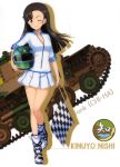  1girl ;) absurdres asymmetrical_bangs bangs black_hair boots breasts brown_eyes character_name checkered checkered_flag cleavage flag floating_hair girls_und_panzer helmet highres holding holding_flag holding_helmet long_hair looking_at_viewer medium_breasts miniskirt nishi_kinuyo one_eye_closed one_leg_raised partially_unzipped pleated_skirt skirt smile solo standing standing_on_one_leg white_background white_skirt 