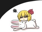  1girl :x =_= artist_self-insert blonde_hair chibi closed_eyes comic commentary_request goma_(gomasamune) hair_ribbon highres legs_crossed long_sleeves lying on_floor on_side rabbit ribbon rumia shadow squiggle touhou 