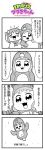  2girls 4koma :3 animal_costume badge bangs bkub blush bow character_request closed_eyes comic eyebrows_visible_through_hair flying_sweatdrops greyscale hair_bow hand_behind_head highres idolmaster idolmaster_xenoglossia ip_police_tsuduki_chan looking_at_viewer monochrome multiple_girls one_eye_closed open_mouth penguin_costume school_uniform serafuku short_hair shouting sidelocks simple_background speech_bubble speed_lines talking translation_request two-tone_background wavy_mouth 