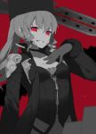  1girl bangs bustier choker code_vein fhang fur_hat fur_trim gloves grin hand_on_own_chest hat long_coat looking_at_viewer mia_karnstein red red_background red_eyes slit_pupils smile solo spot_color teeth twintails zipper zipper_pull_tab 