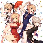  4girls ahoge artoria_pendragon_(all) black_dress black_panties blonde_hair blue_dress breasts china_dress chinese_clothes cleavage cleavage_cutout commentary commentary_request dress eyebrows_visible_through_hair fan fate/extra fate/grand_order fate/stay_night fate/unlimited_codes fate_(series) green_eyes hair_bun hair_ribbon large_breasts legs medium_breasts multiple_girls nero_claudius_(fate) nero_claudius_(fate)_(all) panties red_dress ribbon saber saber_alter saber_lily sakura_yuki_(clochette) string_panties teeth underwear white_background white_dress white_legwear yellow_eyes 
