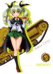  1girl absurdres anchovy bangs black_cloak black_ribbon blue_legwear brown_footwear carro_veloce_cv-33 character_name drill_hair eating eyebrows_visible_through_hair food girls_und_panzer green_hair ground_vehicle hair_between_eyes hair_ribbon highres holding holding_food kneehighs loafers long_hair looking_at_viewer midriff military military_vehicle miniskirt motor_vehicle navel ooarai_school_uniform pizza pleated_skirt red_eyes ribbon shirt shoes simple_background skirt solo stomach tank twin_drills twintails uniform very_long_hair white_background white_shirt 