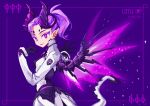  1girl alternate_costume bodysuit breasts commentary dark_persona demon_horns ear_piercing english_commentary faulds highres horns imp_mercy lipstick looking_at_viewer makeup mechanical_wings mercy_(overwatch) overwatch piercing purple_hair purple_lipstick purple_wings rye-beer short_ponytail small_breasts solo violet_eyes wings 