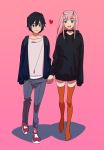  1boy 1girl :d belt black_hair black_sweater blue_eyes commentary_request couple darling_in_the_franxx eyebrows_visible_through_hair fringe green_eyes grey_pants hair_ornament hairband hand_holding heart hetero hiro_(darling_in_the_franxx) hood hooded_sweater horns kf26622869 long_hair long_sleeves no_shoes no_socks oni_horns open_mouth pants pink_hair red_footwear red_horns red_legwear shirt short_hair sleeves_past_wrists smile sweater thigh-highs thighs white_hairband white_shirt zero_two_(darling_in_the_franxx) 