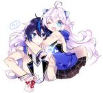  1boy 1girl ? ahoge alternate_costume blue_eyes blue_hair ciel_(elsword) collared_shirt demon_power_(elsword) earrings elsword g_ieep heart hood hoodie horns hug jewelry long_hair luciela_r._sourcream necktie one_eye_closed pointy_ears ribbon school_uniform shirt short_hair skirt smile sweatdrop symbol-shaped_pupils v white_hair 