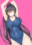  1girl absurdres armpits arms_up bangs blush chiyo_goya closed_mouth collarbone commentary covered_navel dutch_angle eyebrows_visible_through_hair eyes_visible_through_hair hair_between_eyes highleg highleg_swimsuit highres idolmaster idolmaster_shiny_colors long_hair looking_at_viewer one-piece_swimsuit pink_background ponytail school_swimsuit shirase_sakuya simple_background solo swimsuit taut_clothes taut_swimsuit very_long_hair yellow_eyes 