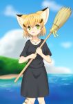  1girl alternate_costume animal_ears black_shirt black_skirt blonde_hair blue_sky blurry blurry_background broom cat_ears cat_tail clouds collarbone commentary_request cowboy_shot day extra_ears green_eyes hair_between_eyes highres holding holding_broom jewelry kemono_friends looking_at_viewer ocean open_mouth outdoors pendant sand_cat_(kemono_friends) shiraha_maru shirt short_hair skirt sky solo tail 