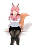  &gt;:) 1girl animal_ears arm_support bangs befe black_legwear black_panties black_scrunchie black_skirt bow breasts closed_mouth dress_shirt eyebrows_visible_through_hair fate/grand_order fate_(series) fox_ears fox_girl fox_tail highres large_breasts long_hair looking_at_viewer low_twintails miniskirt panties pantyshot pantyshot_(sitting) pencil_skirt pink_bow pink_hair scrunchie shirt sitting skirt solo tail tamamo_(fate)_(all) tamamo_no_mae_(fate) thigh-highs twintails underwear white_shirt yellow_eyes 