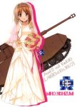  1girl absurdres asymmetrical_clothes bangs bouquet bridal_veil brown_eyes brown_hair character_name collarbone diadem dress elbow_gloves eyebrows_visible_through_hair flower full_body girls_und_panzer gloves ground_vehicle highres holding holding_bouquet long_dress looking_at_viewer military military_vehicle motor_vehicle nishizumi_miho open_mouth pink_flower pink_ribbon ribbon short_hair sleeveless sleeveless_dress smile solo standing tank veil wedding_dress white_background white_dress white_gloves 