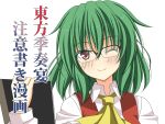  1girl ascot bespectacled comic commentary_request cover cover_page glasses green_hair hair_between_eyes kazami_yuuka long_sleeves looking_at_viewer one_eye_closed rappa_(rappaya) red_eyes shirt smile solo touhou translation_request vest 