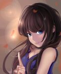  1girl bangs blue_dress blue_eyes breasts cleavage dress likemuffins long_hair looking_at_viewer original simple_background smile solo 