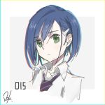  1girl blue_hair border commentary_request darling_in_the_franxx dokkoisho_pxv eyebrows_visible_through_hair frown green_eyes grey_background hair_ornament hairclip ichigo_(darling_in_the_franxx) looking_at_viewer necktie number portrait purple_neckwear shirt short_hair signature simple_background white_shirt 