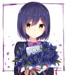  1girl bangs blazer blue_blazer blue_flower blue_hair blush bow bowtie closed_mouth eyebrows_visible_through_hair flower flower_request hair_between_eyes highres jacket long_sleeves looking_at_viewer mole mole_under_eye nijisanji plaque purple_neckwear school_uniform shizuka_rin short_hair smile solo taiyaki_(astre) virtual_youtuber yellow_eyes youtube 