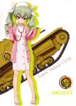  1girl absurdres anchovy bangs blunt_bangs brown_eyes carro_veloce_cv-33 character_name dress drill_hair eyebrows_visible_through_hair girls_und_panzer green_hair ground_vehicle hair_between_eyes hair_ribbon hat highres holding long_hair military military_vehicle motor_vehicle nurse ribbon short_dress solo stethoscope tank twin_drills twintails white_dress white_hat white_ribbon 
