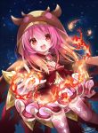  1girl :o breasts brown_cape fire hakuari_(hina) hood long_hair navel_cutout night official_art original outdoors pink_hair pink_skirt red_eyes skirt sky small_breasts standing star_(sky) starry_sky thigh-highs witch 