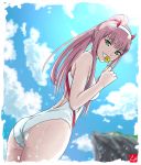  1girl ass backless_outfit bangs breasts candy chris_re5 clouds darling_in_the_franxx day dutch_angle food from_side green_eyes grin hairband highres horns lens_flare lollipop long_hair looking_at_viewer medium_breasts one-piece_swimsuit outdoors pink_hair ponytail sky smile swimsuit water wet white_hairband zero_two_(darling_in_the_franxx) 
