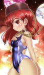  1girl blue_swimsuit breasts chains collar competition_swimsuit cowboy_shot earth earth_(ornament) hecatia_lapislazuli moon_(ornament) one-piece_swimsuit polos_crown profile red_eyes redhead small_breasts solo swimsuit touhou winn 