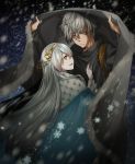  1boy 1girl anastasia_(fate/grand_order) bangs blue_cape brown_eyes cape eyebrows_visible_through_hair fate/grand_order fate_(series) fur_trim grey_cape grey_eyes hair_between_eyes holding_cape kadoc_zemlupus kanagawa_haiji long_hair looking_at_viewer night outdoors piercing silver_hair snowing very_long_hair yellow_hairband 