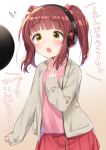  1girl bangs blush brown_eyes brown_hair collarbone eyebrows_visible_through_hair flying_sweatdrops grey_jacket hand_on_own_chest headphones idolmaster idolmaster_cinderella_girls jacket long_sleeves looking_away microphone ogata_chieri open_clothes open_jacket pink_shirt pleated_skirt red_skirt shirt sidelocks skirt sleeves_past_wrists solo sweatdrop tousaki_shiina translation_request twintails 