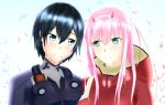  1boy 1girl black_bodysuit black_hair blue_eyes bodysuit commentary_request couple crying crying_with_eyes_open darling_in_the_franxx eyes_visible_through_hair fringe green_eyes hair_ornament hairband highres hiro_(darling_in_the_franxx) horns long_hair looking_at_another masamune_tokunaga oni_horns pilot_suit pink_hair red_bodysuit red_horns short_hair tears white_hairband zero_two_(darling_in_the_franxx) 