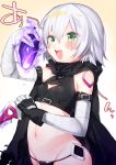  1girl :d arm_belt arm_up bandage bandaged_arm bangs belt_buckle black_belt black_cape black_gloves black_panties black_shirt blush breasts buckle cape commentary_request eyebrows_visible_through_hair facial_scar fang fate/grand_order fate_(series) fingerless_gloves gloves green_eyes hair_between_eyes holding jack_the_ripper_(fate/apocrypha) looking_at_viewer navel open_mouth panties scar scar_across_eye scar_on_cheek shirt short_hair shoulder_tattoo silver_hair single_glove sleeveless sleeveless_shirt small_breasts smile solo tattoo tousaki_shiina underwear upper_teeth 