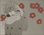  1boy camellia commentary_request flower grey_background grey_jacket hand_up jacket kai_(dweep) long_sleeves male_focus open_mouth original red_flower scarf sepia short_hair simple_background upper_body 