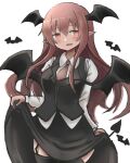  1girl :d aoiyamagi4 bat bat_wings black_skirt blush breasts cowboy_shot demon_tail garter_straps head_wings koakuma long_hair medium_breasts necktie open_mouth pointy_ears red_eyes redhead simple_background skirt smile solo tail thigh-highs touhou very_long_hair vest white_background wings 