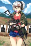  1girl bubble_blowing chewing_gum gloves gun handgun headset highres holding holding_gun holding_weapon holster holstered_weapon jacket ndtwofives original outdoors pistol ponytail saiga-12 shooting_glasses short_shorts shorts shotgun shotgun_shells sky target twitter_username weapon white_hair 
