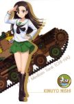  1girl absurdres asymmetrical_bangs bangs black_neckwear boots brown_eyes brown_footwear brown_hair character_name floating_hair full_body girls_und_panzer ground_vehicle hand_on_hip highres knee_boots long_hair looking_at_viewer military military_vehicle miniskirt motor_vehicle neckerchief nishi_kinuyo ooarai_school_uniform pleated_skirt shiny shiny_hair shirt simple_background skirt smile solo tank uniform white_background white_shirt 