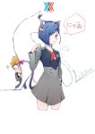  1boy 1girl absurdres animal_ears bell blue_hair blush bow breasts cat cat_ears cat_tail commentary_request cropped_legs darling_in_the_franxx fake_animal_ears gorou_(darling_in_the_franxx) green_eyes hair_ornament hair_over_one_eye hairclip hand_in_pocket highres ichigo_(darling_in_the_franxx) looking_at_viewer paw_pose q-pra ribbon short_hair tail tail_bow tail_ribbon uniform 