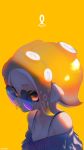  1girl agent_8 bare_shoulders breasts cleavage closed_mouth collarbone highres jewelry kashu_(hizake) light looking_at_viewer monster_girl necklace octarian octoling off_shoulder orange_background orange_eyes orange_hair pointy_ears round_eyewear shade short_hair sideways_glance signature simple_background solo splatoon splatoon_2 splatoon_2:_octo_expansion strap_gap striped suction_cups sunglasses tentacle_hair upper_body 