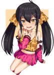  1girl :d black_hair commentary hai_ookami hair_between_eyes hair_ornament idolmaster idolmaster_cinderella_girls jewelry long_hair looking_at_viewer matoba_risa midriff navel necklace off_shoulder open_mouth pink_skirt skirt smile solo twintails yellow_eyes 