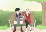  1boy 1girl black_hair black_legwear blue_eyes book boots brown_footwear commentary_request couple darling_in_the_franxx green_eyes hair_ornament hairband hiro_(darling_in_the_franxx) holding holding_book horns in_mouth legs_crossed long_hair looking_at_another military military_uniform necktie oni_horns pantyhose pink_hair r_h_0502 red_horns red_neckwear shoes short_hair sitting socks tree uniform white_footwear white_hairband zero_two_(darling_in_the_franxx) 