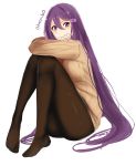  1girl artist_name beige_sweater brown_legwear commentary doki_doki_literature_club english_commentary full_body hair_ornament hairclip highres knees_to_chest long_hair looking_at_viewer otxoa60 pantyhose purple_hair ribbed_sweater simple_background sitting sketch smile solo sweater very_long_hair violet_eyes white_background yuri_(doki_doki_literature_club) 