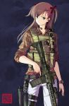  1girl absurdres assault_rifle blue_eyes earpiece gun handgun highres holding holding_gun holding_weapon holster holstered_weapon load_bearing_vest long_hair oofuji_reiichirou original pistol plaid plaid_shirt pouch rifle scissors shirt sleeves_rolled_up solo throat_microphone trigger_discipline two_side_up watch watch weapon weapon_request 