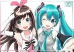  2girls ;d a.i._channel absurdres arm_up armpits bangs blue_eyes blue_hair blue_neckwear brown_hair crossover dated dec_madoka detached_sleeves eyebrows_visible_through_hair floating_hair frilled_shirt frills grey_shirt hair_between_eyes hair_ornament hairband hatsune_miku highres kizuna_ai long_hair multiple_girls necktie number one_eye_closed open_mouth pink_hairband shirt simple_background sleeveless sleeveless_shirt smile tattoo twintails very_long_hair vocaloid white_background 