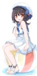  1girl :d ball bangs bare_arms bare_shoulders beachball beret black_hair blue_bow blue_neckwear blue_sailor_collar blush bow brown_eyes eyebrows_visible_through_hair hair_between_eyes hat hat_bow long_hair looking_at_viewer low_twintails neckerchief open_mouth original sailor_collar sailor_shirt shirt sitting skirt sleeveless sleeveless_shirt smile solo striped striped_bow transparent twintails water white_background white_footwear white_hat white_shirt white_skirt yuuhagi_(amaretto-no-natsu) 