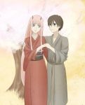  1boy 1girl black_hair blue_eyes commentary couple darling_in_the_franxx green_eyes grey_kimono hand_holding hand_on_another&#039;s_arm hiro_(darling_in_the_franxx) horns japanese_clothes kimono long_hair mgk2839 obi oni_horns pink_hair red_horns red_kimono sash short_hair tree zero_two_(darling_in_the_franxx) 