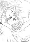  1boy 1girl bed blush couple elizabeth_liones grin harumiya lying meliodas nanatsu_no_taizai on_side one_eye_closed pillow short_hair smile younger 