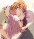  2girls ahoge backlighting bare_shoulders casual closed_eyes clover_hair_ornament french_kiss from_side hair_ornament highres hug kiss kougi_hiroshi long_hair love_live! love_live!_sunshine!! multiple_girls off_shoulder orange_hair redhead sakurauchi_riko shirt short_sleeves single_tear striped striped_shirt t-shirt takami_chika upper_body yuri 