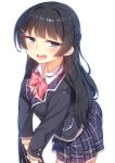  1girl :d black_hair blue_eyes bow bowtie braid commentary_request eyebrows_visible_through_hair french_braid hair_ornament hairclip half-closed_eyes long_hair looking_at_viewer nijisanji open_mouth pink_neckwear plaid plaid_skirt pleated_skirt racer_(magnet) school_uniform simple_background skirt smile solo tsukino_mito virtual_youtuber white_background 