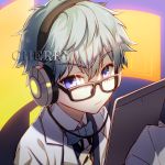  1boy blue_eyes blue_hair cherry_(10013717) closed_mouth earphones fate/extra fate/extra_ccc fate/grand_order fate_(series) glasses hans_christian_andersen_(fate) holding labcoat looking_at_viewer male_focus solo 