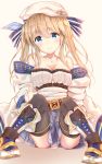  1girl absurdres bangs bare_shoulders belt_buckle beret black_legwear blonde_hair blue_bow blue_eyes blue_ribbon blue_skirt blush boots bow brown_belt buckle closed_mouth collarbone commentary_request cucouroux_(granblue_fantasy) detached_sleeves eyebrows_visible_through_hair granblue_fantasy hair_between_eyes hair_bow hair_ribbon hat head_tilt highres long_hair long_sleeves pleated_skirt ribbon sashima shirt sitting skirt smile solo strapless striped striped_bow thigh-highs twintails white_footwear white_hat white_shirt wide_sleeves 
